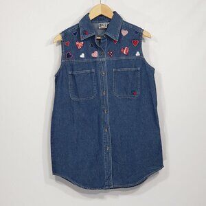 Quizz Again  Denim Sleeveless Button Down Shirt  Embroidered Hearts Valentines